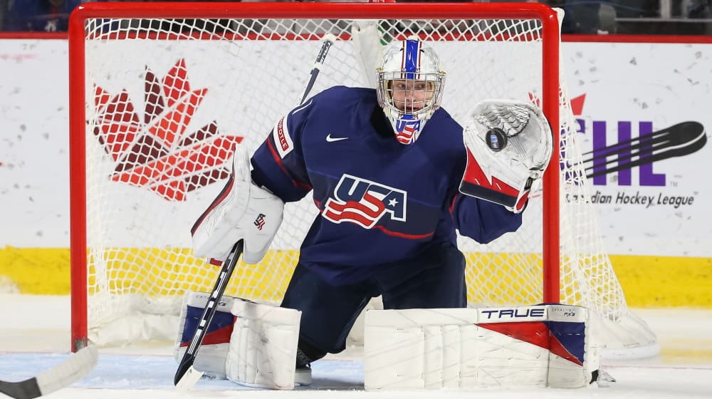 Trey Augustine was taken by the Red Wings with their first pick in the second round. (Photo by Chris Tanouye, IIHF)